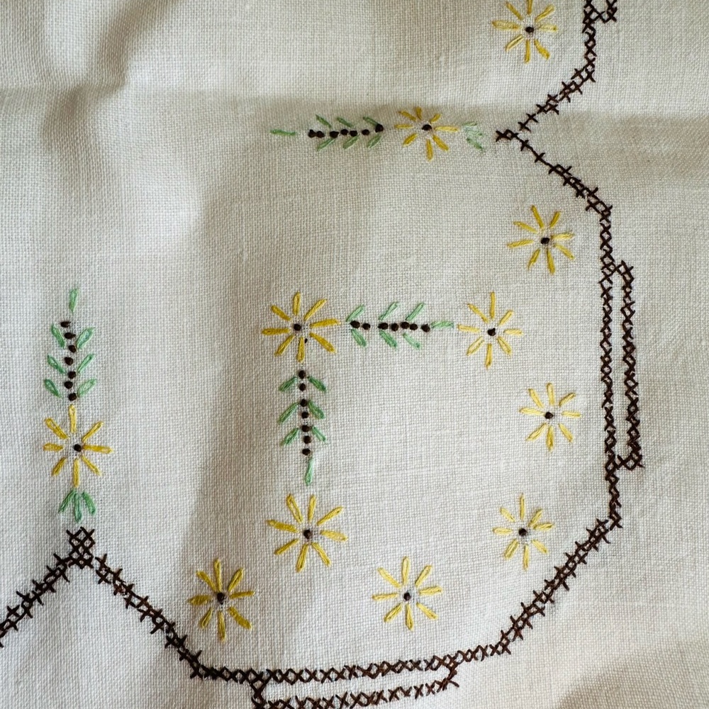 Pair of Embroidered Yellow Daisy Scalloped Table Linens 15 1/2” x 31”